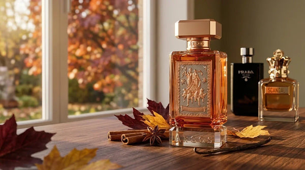 Amber perfume bottle with cinnamon, star anise, and vanilla pod on a table, autumn leaves and fall foliage in the background